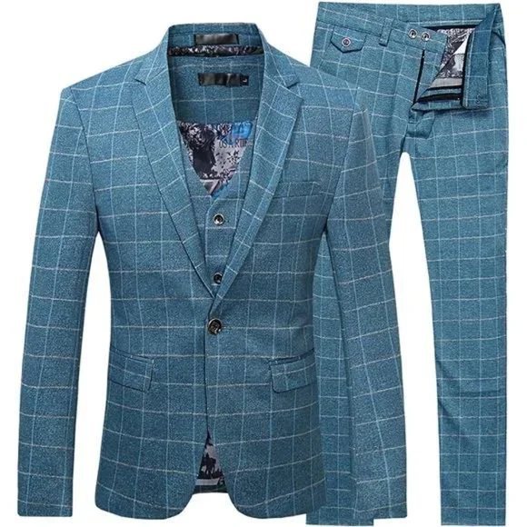 Suits Blazers Mens 3piece Plaid Suit Set Modern Fit Jacket Tux